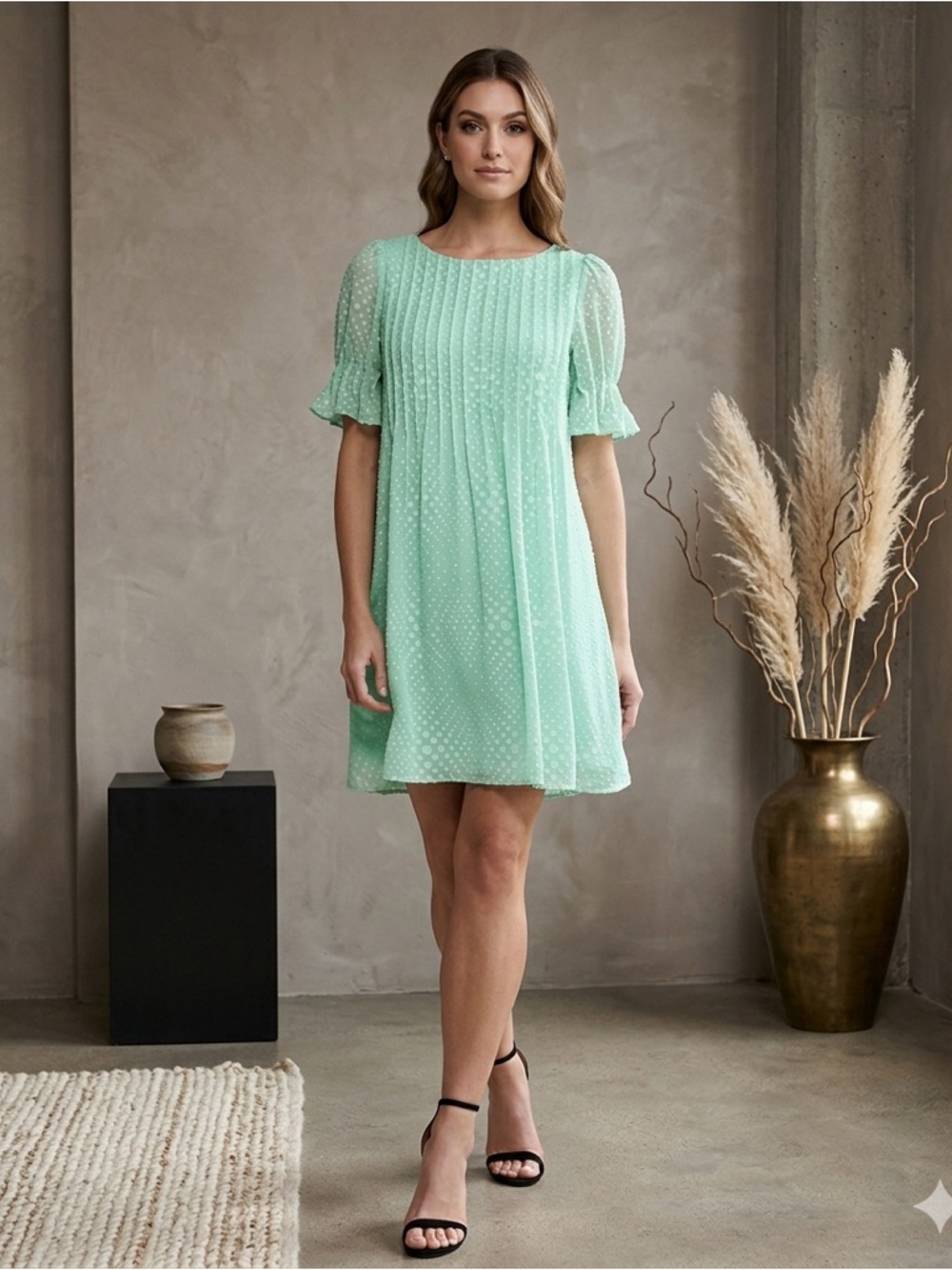 DKNY Pleated Front Dress Green Glass Cinch Sleeve Size 4 NWT